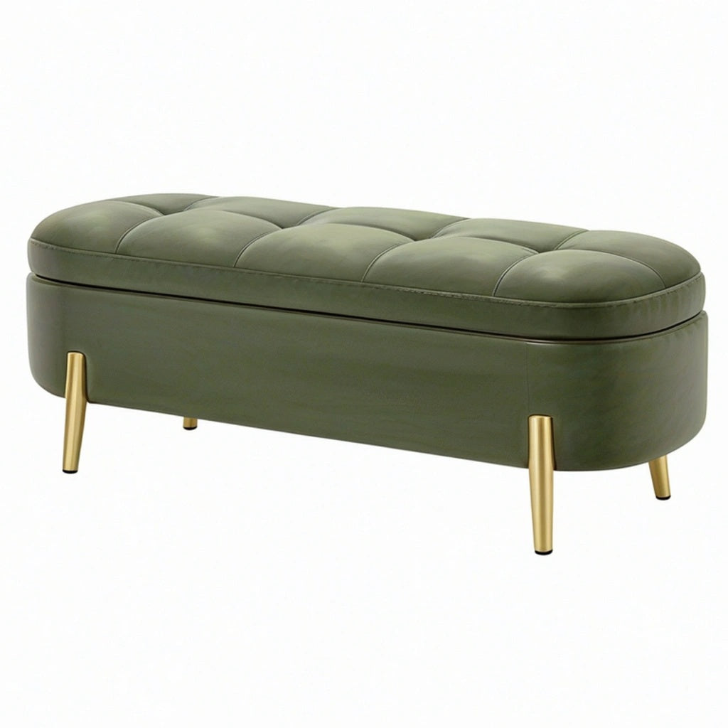 Ławka tapicerowana ze schowkiem 120 x 45 x 45 cm zielona ze skóry syntetycznej w stylu glamour