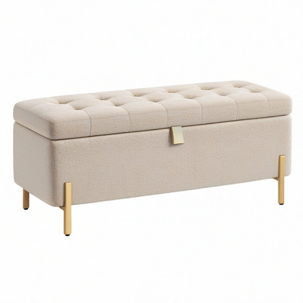 Ławka ze schowkiem 120 x 45 x 48 cm beżowa z tkaniny bouclé na złotych metalowych nogach - pikowana