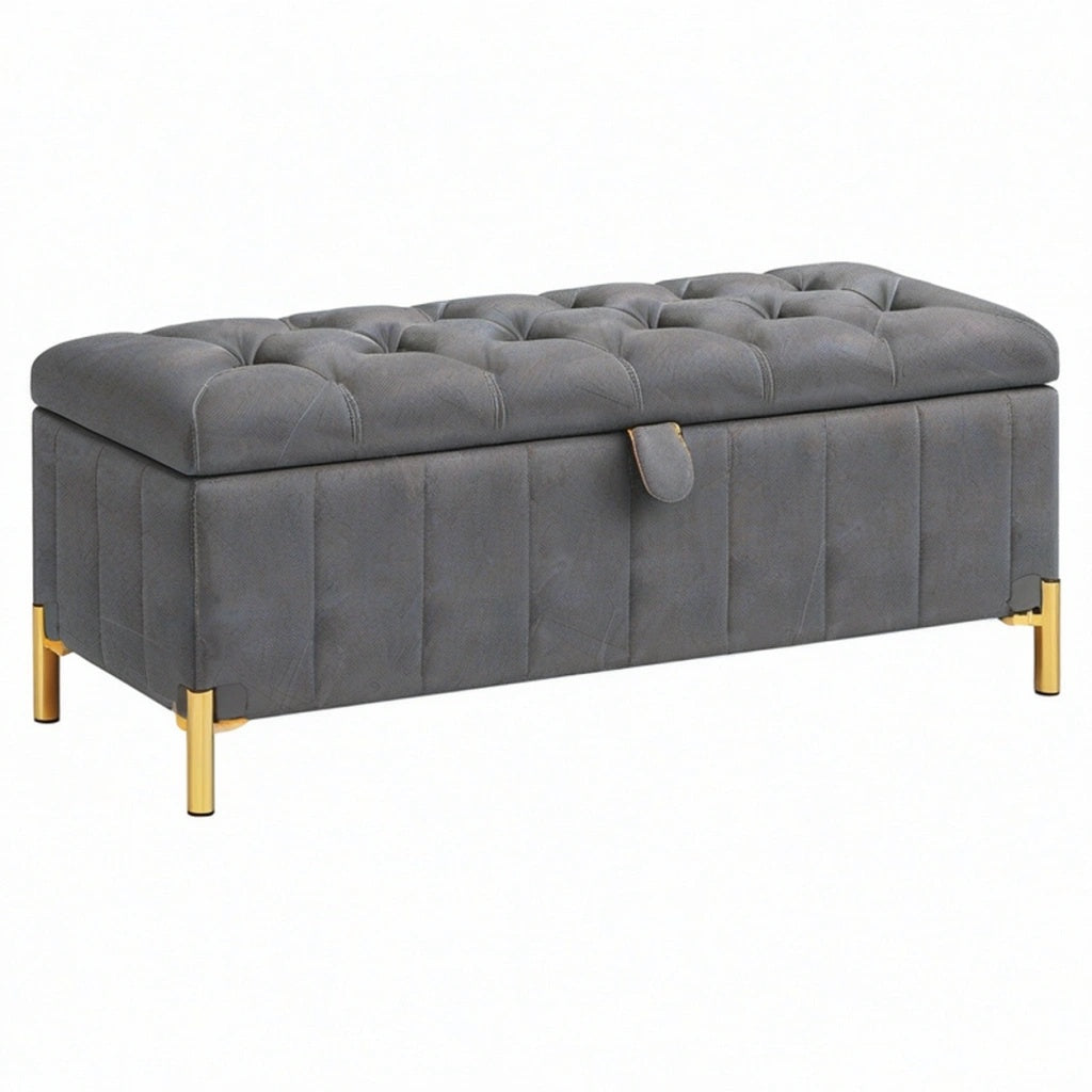 Pufa ze schowkiem 100 x 40 x 45 cm szara tapicerowana z metalowymi nogami w stylu glamour