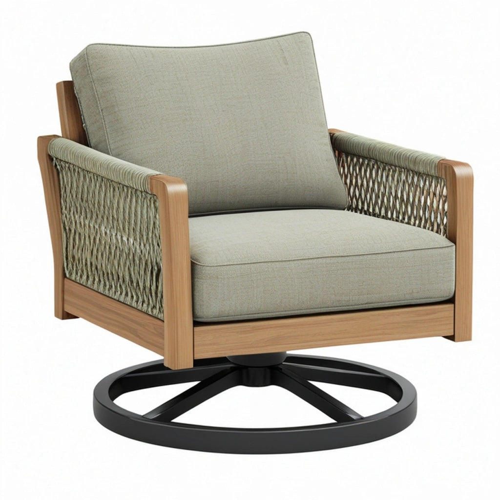 Fotel ogrodowy obrotowy 80 x 85 x 85 cm z drewna i plecionki w kolorze zielonym