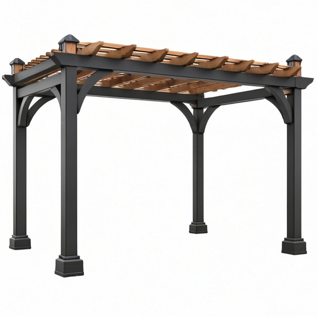 Pergola ogrodowa 300 x 300 x 240 cm z metalu i drewna czarno brązowa z ażurowym dachem
