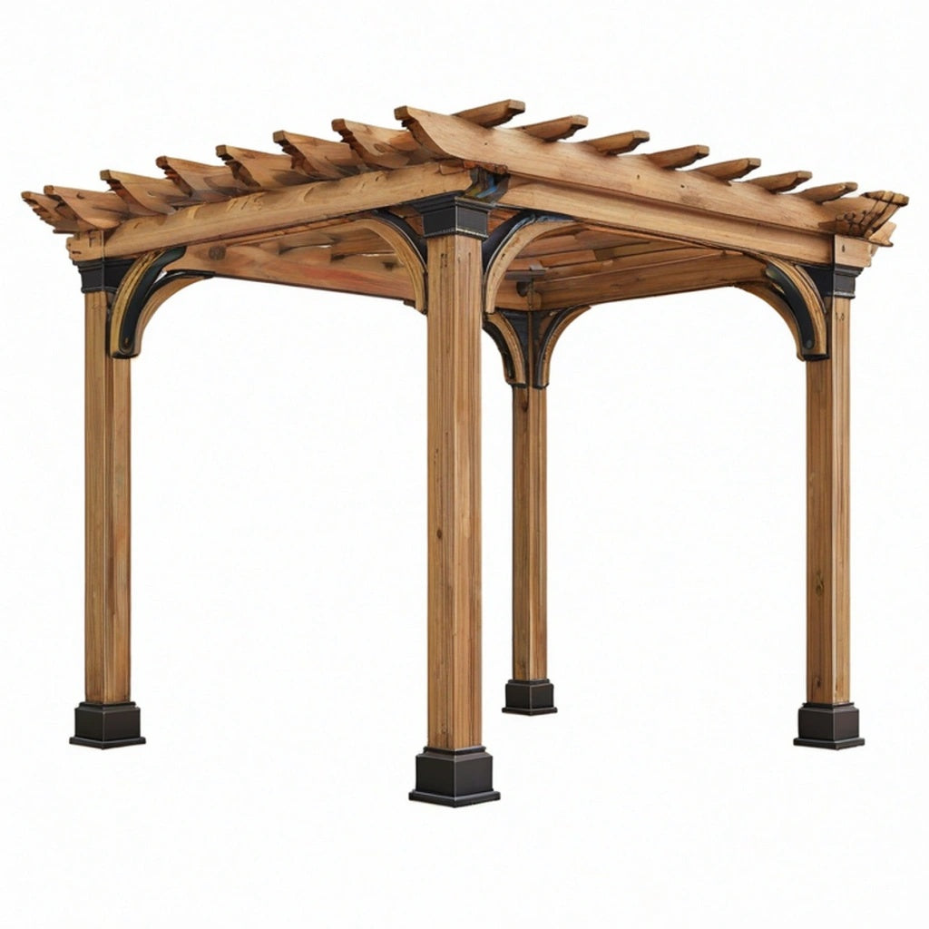 Pergola ogrodowa 300x300x250 cm z drewna brązowa z metalowymi wspornikami