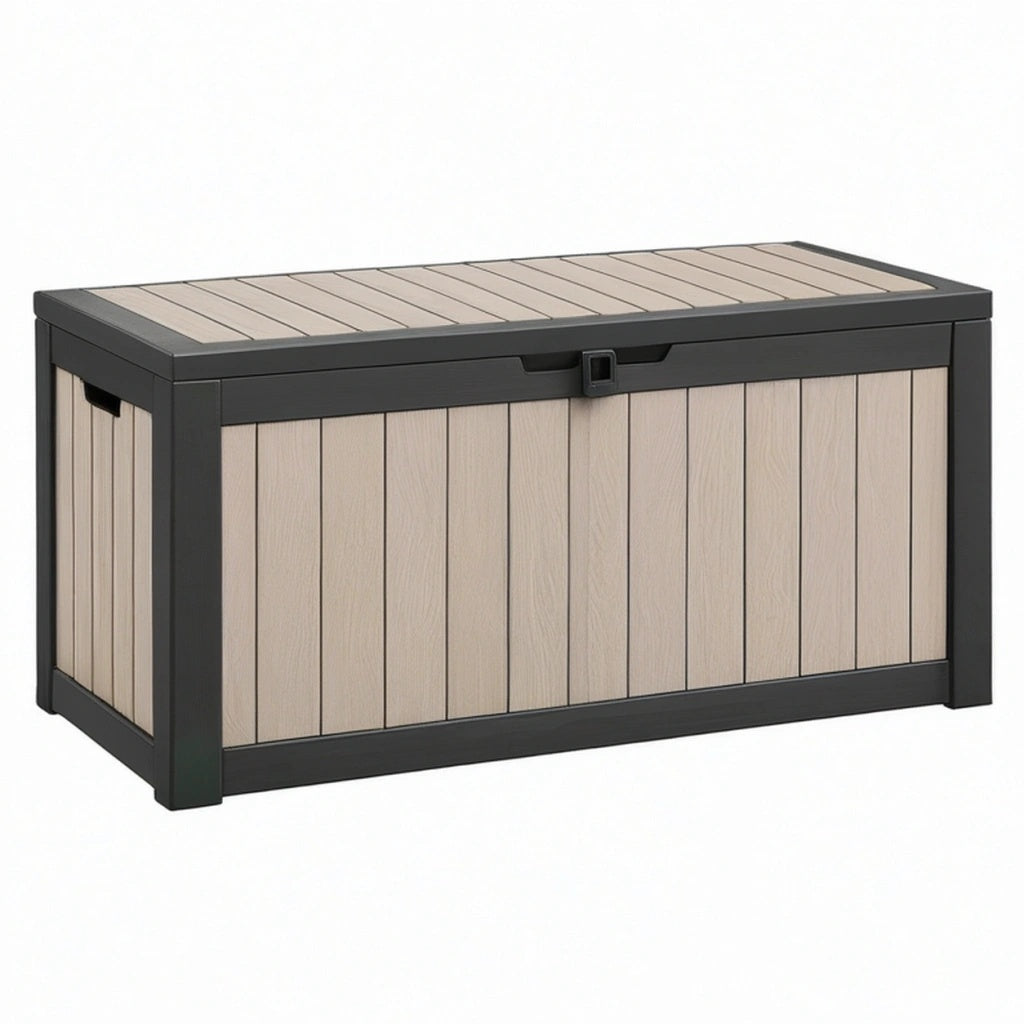 Skrzynia ogrodowa 120 x 60 x 65 cm z panelami kompozytowymi beżowo-czarna - zamykana